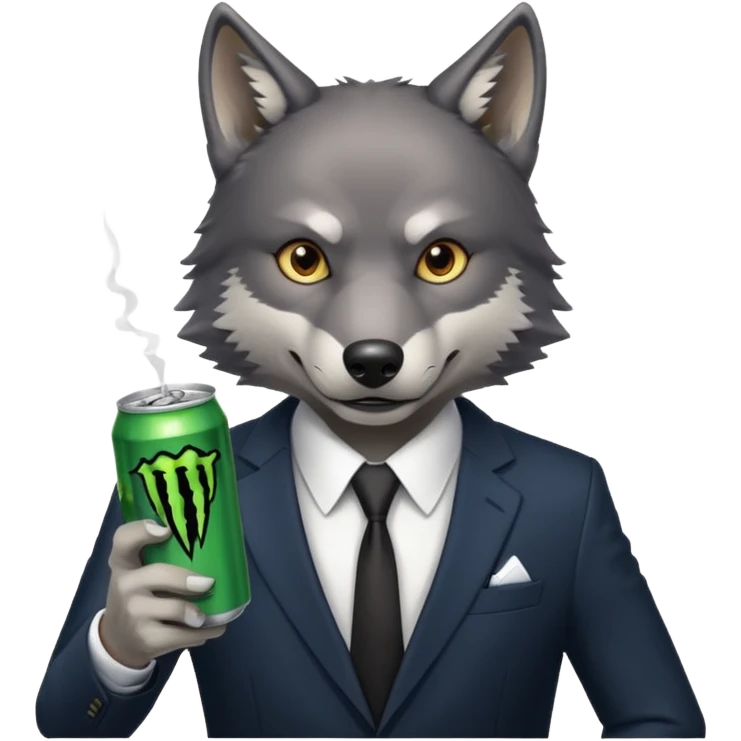 wolf in business suit, holding one monster energy can, with brown eyes  emoji