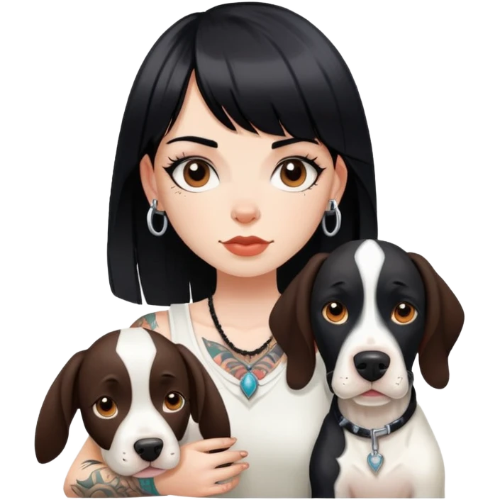 girl with long black  straight bangs hair with tattoo and a Springer dog  and  bull terrier emoji
