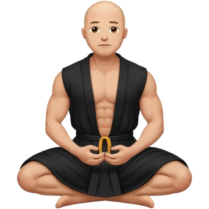 fullbody jacked bald guy, sleeveless and unbuttoned in black robe sitting hands on knees emoji