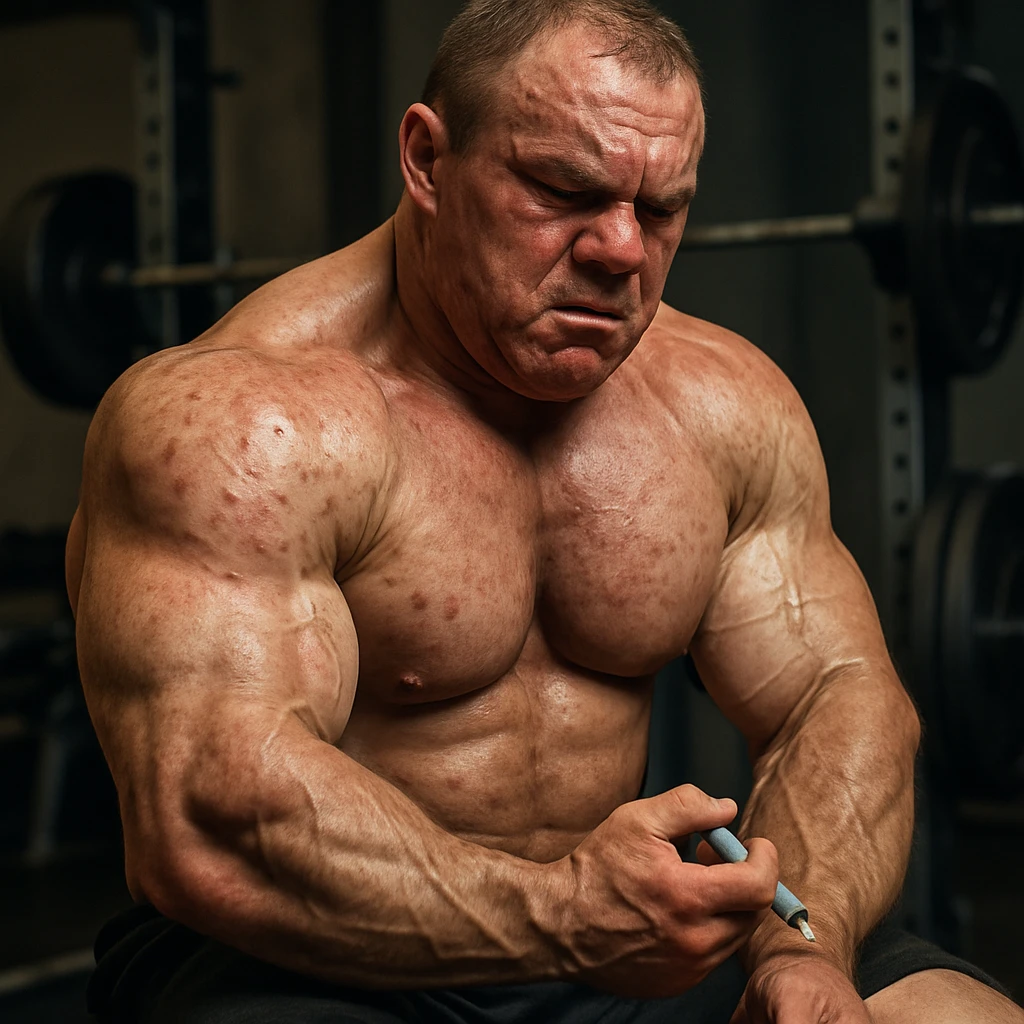  bodybuilder che fa dosaggi a caso di steroidi, e quindi sta male, iper realistica emoji