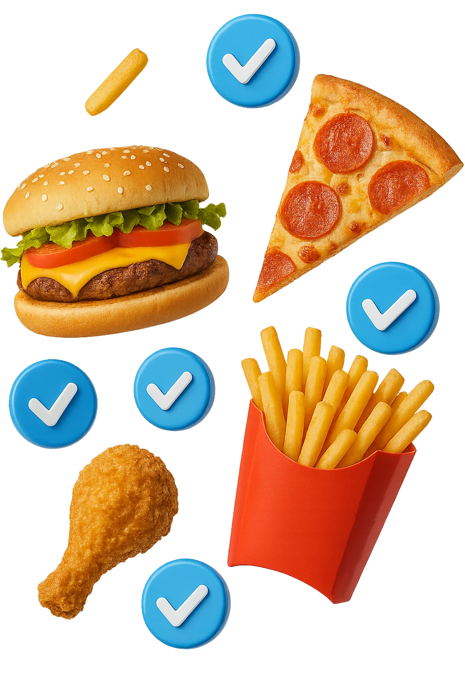 fast food realistico fluttua in aria insieme a spunte di verificato in 3d emoji