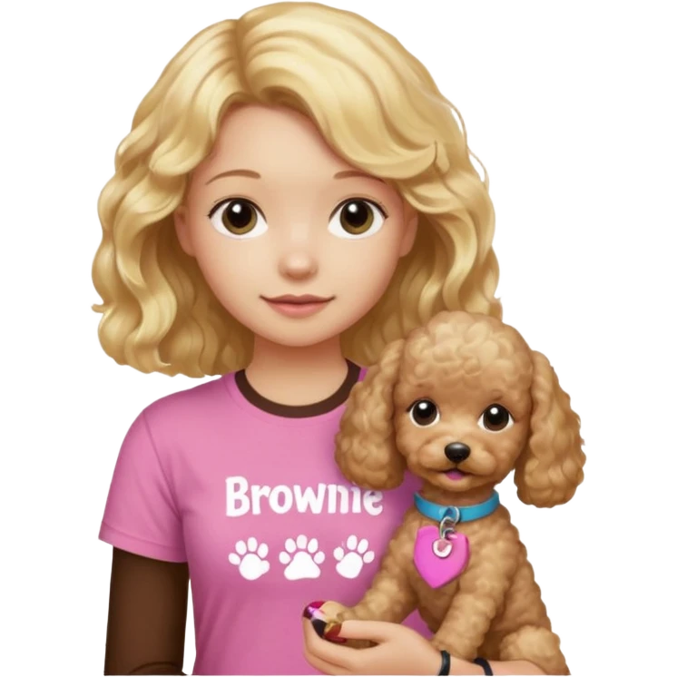 hazme un emoji que sea una niña rubi con el pelo ondulado i una camiseta rosa que ponga brownie, i acariciando a un perro (caniche toy) emoji