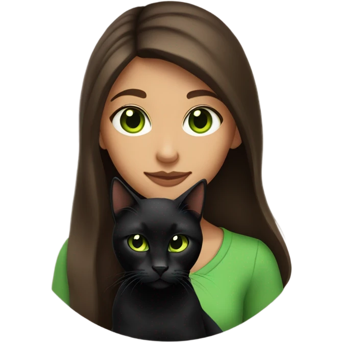 Girl with long brown hair and green eyes holding an all black cat emoji