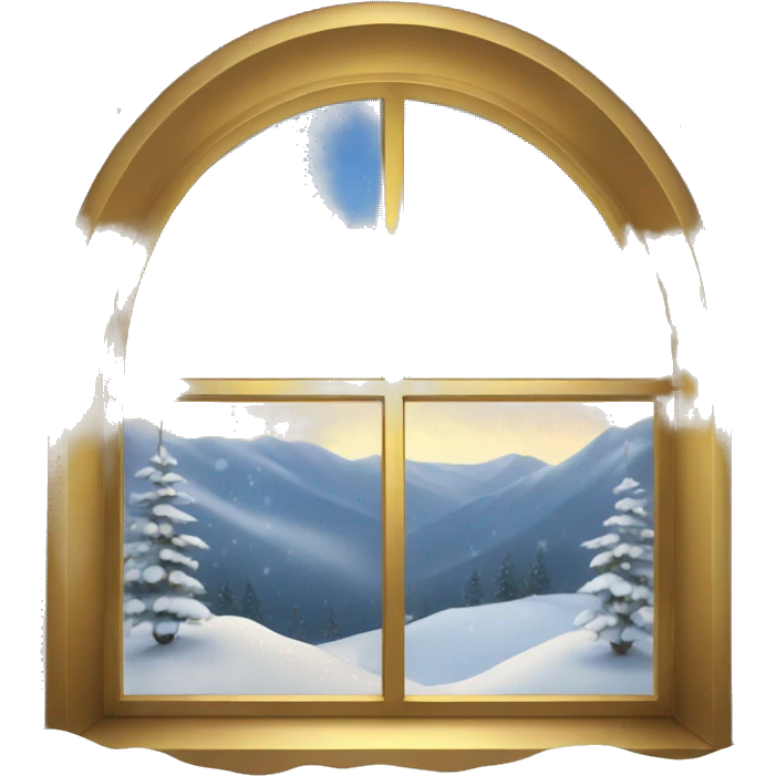 Window overlooking a snowy landscape with gold lights around the window frame emoji