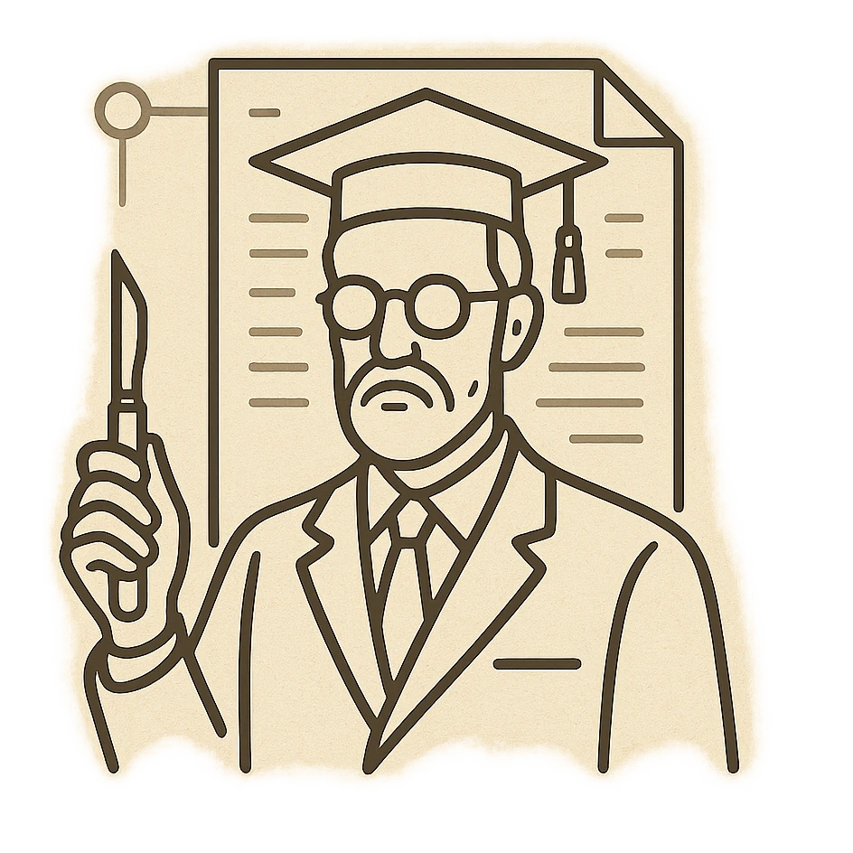 minimal elegant icon of a scholarly professor in classic academia style, dignified and not teaching, with a scalpel, set against a document background blending vintage academic motifs and subtle AI interface elements, refined cultured color scheme, technical and precise emoji