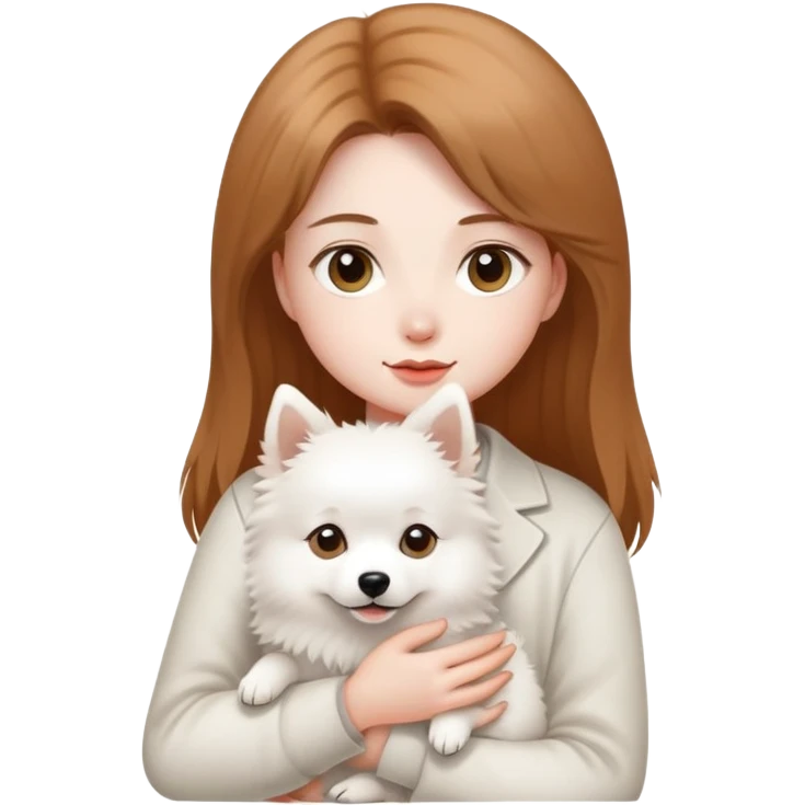 light brown hair girl with pale skin holding a white Japanese spitz dog emoji