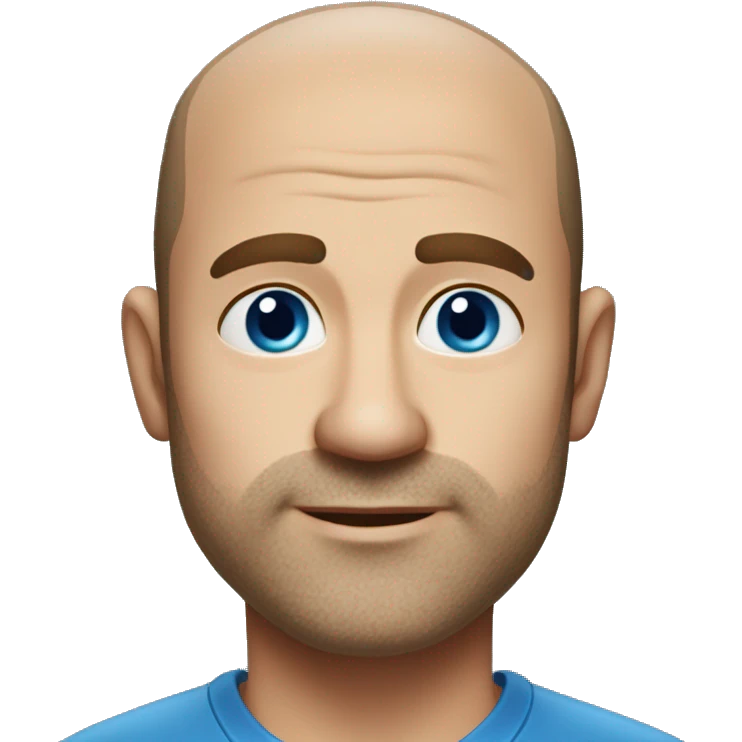 45-year-old man with a slightly round face, very short, almost shaved hair with a small central crest and a slightly receding hairline. He has blue eyes, subtle stubble emoji
