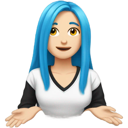 a white girl with long blue hair in a black sweatshirt shows a heart with her hands emoji