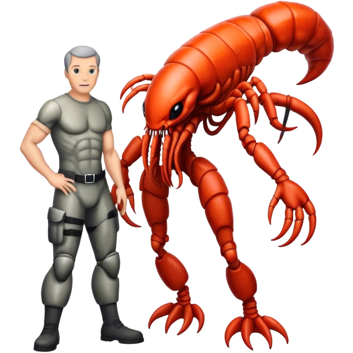 xenomorph alien in lobster skin in man legs, big head emoji