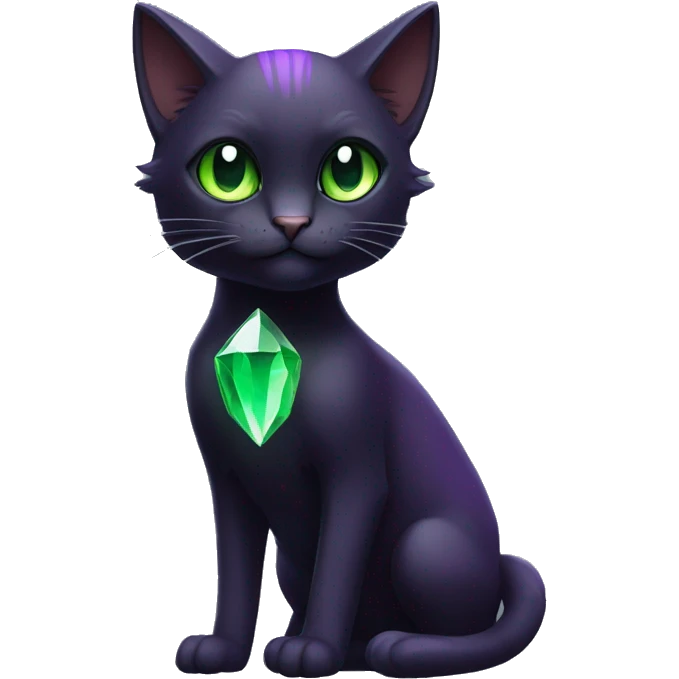Black Dark-type-Fakémon-Cat Purple eyes, green gem on chest, full body emoji