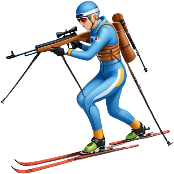 An icon featuring a biathlete in motion, holding a rifle and skiing across a snowy course. The backdrop includes snow-covered trees, distant mountains, and a clear blue sky. Transparent background highlights the precision, endurance, and excitement of biathlon. emoji