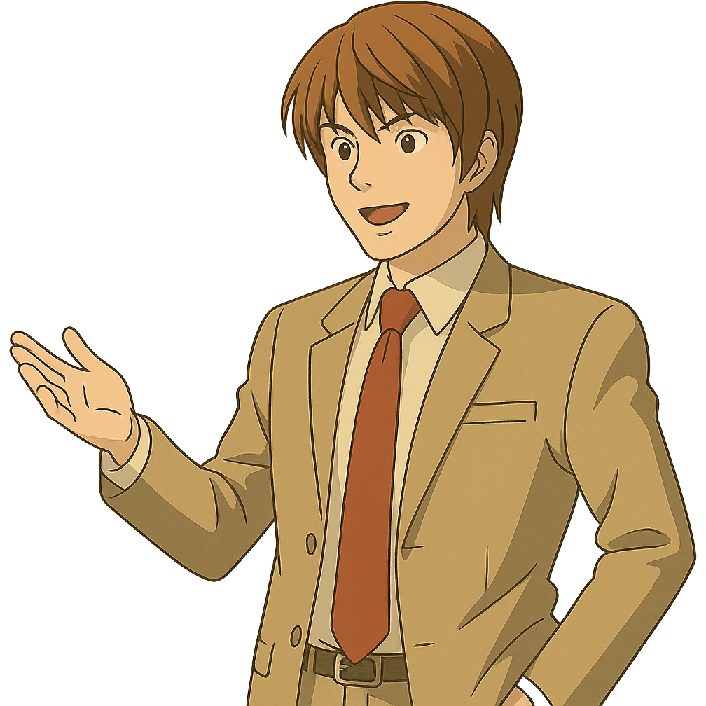 Light Yagami in Ghibli style, standing with one arm extended forward, as if offering something, transparent background. emoji