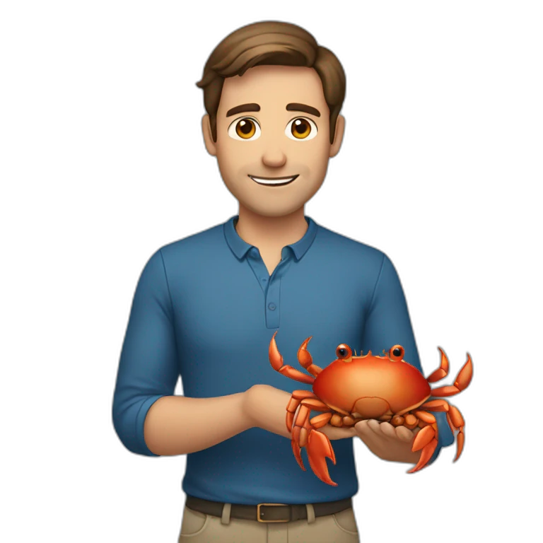 a man with brown hair is holding a crab emoji