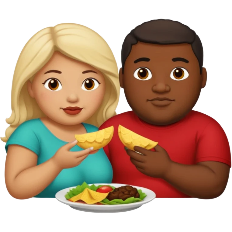 Fat Mexican woman and fat light skinned black guy eating together emoji