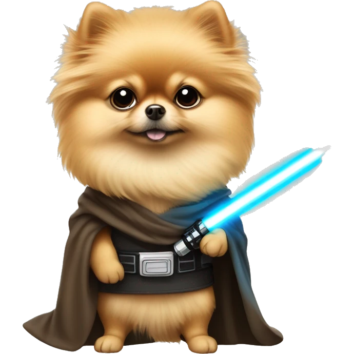 Pomeranian dressed as Luke Skywalker holding a lightsaber emoji
