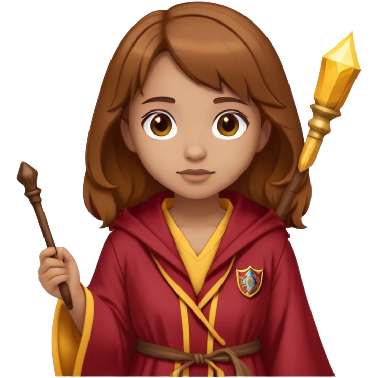 Girl with Curry Brown hair and a gryffindor Robe and a small wooden wand and light Skin emoji