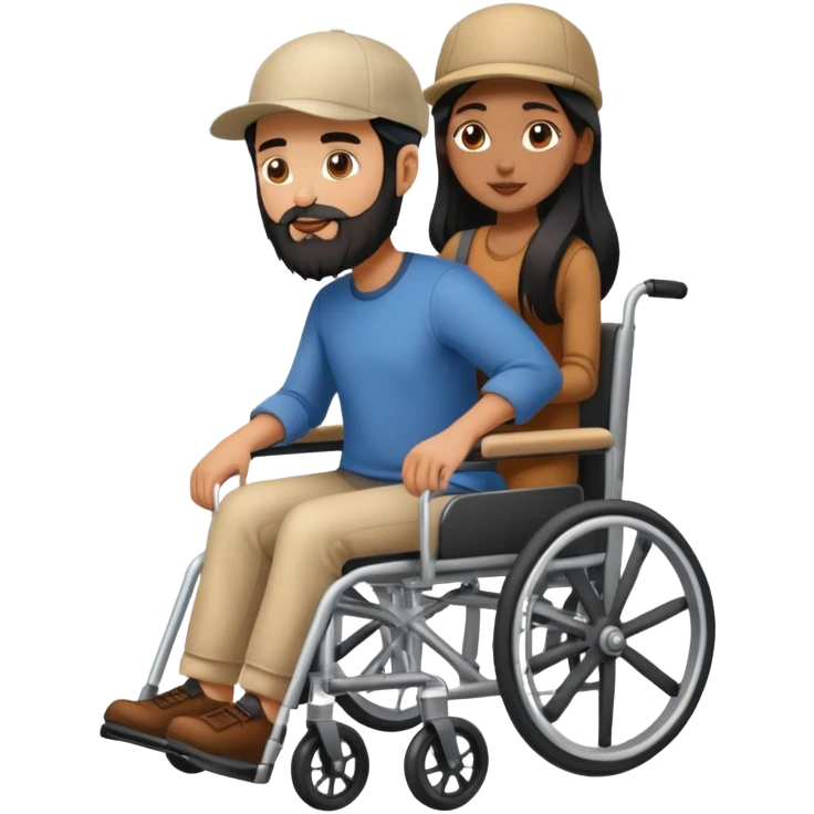 Beige skin man with a beard and cap in a wheelchair and a brown skin woman with long black hair in a wheelchair  emoji