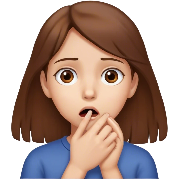 Girl brown hair hearing shooking news looks concerned holds her hand in front of her mouth  emoji