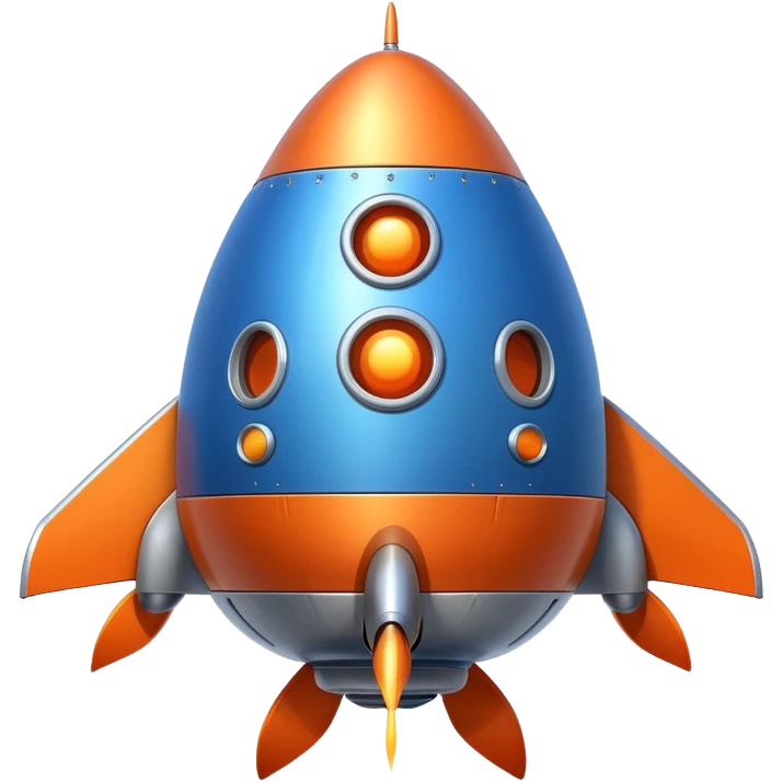Spaceship with a large rounded belly in the middle, rocket boosters, personified with a happy face emoji