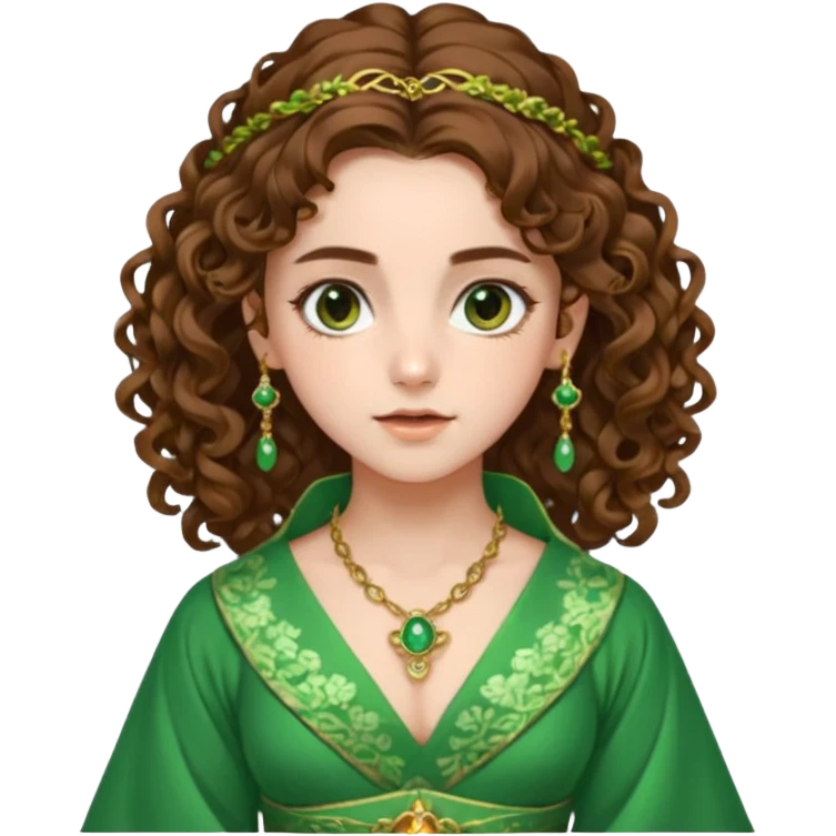 very beautiful italian girl, looking a bit like Emma Watson, with curly and big volume very bright brown hair, and a golden piercing ring in nose on left side, dressed in a beautiful sexy hanfu dress of green colors, nose ring emoji