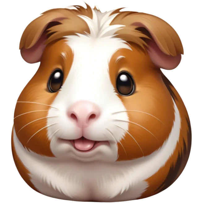Cinematic Comical Brown and White Banded Guinea Pig Portrait Emoji, Head tilted dramatically with an exaggeratedly amused expression, featuring a striking fur with bold brown and white banding, wide, expressive dark eyes filled with playful disbelief, Simplified yet hilariously expressive features, highly detailed, glowing with a slightly sassy glow, high shine, dramatic yet playful, stylized with an air of cheeky mischief, bright and endearing, soft glowing outline, capturing the essence of a spirited and over-the-top guinea pig, so meme-worthy it feels like it could side-eye its way into internet fame instantly! emoji