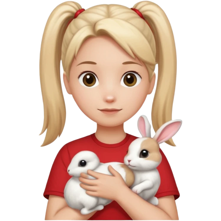 white bunny, pet lover, red shirt, pony tail. emoji
