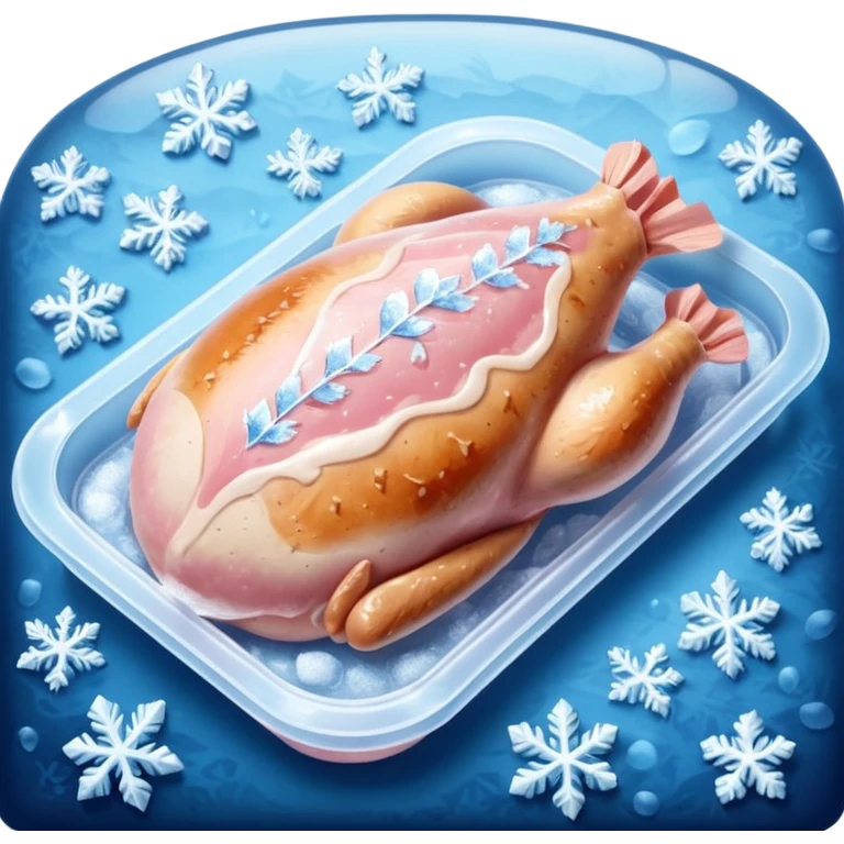 A pack of frozen chicken breasts sealed in transparent plastic packaging, covered with frost and ice crystals. The meat looks pale pink with a slight icy glaze, sitting in a freezer with cool blue lighting. Realistic detail, cold atmosphere, food photography style. emoji