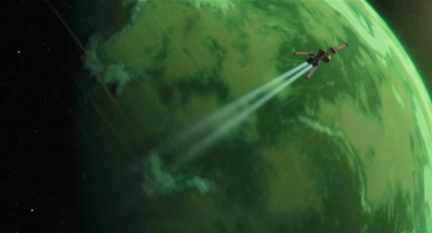 cinematic still, motion blur shutter speed, establishing shot, shot from top, entire globe green planet, single starship coming to planet, inspired by StarWars movie, captured by arri alexa  emoji