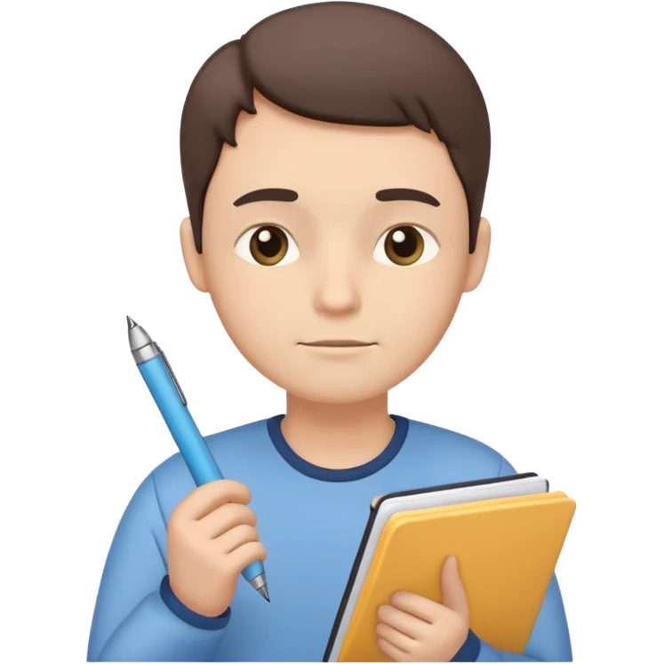 simplified human character holding a notebook and pen, thoughtful facial expression, slightly tilted head, planning life and goals, calm and focused mood, flat custom emoji sticker, pastel colors, rounded shapes, minimal details, thick outline, white background, no text emoji