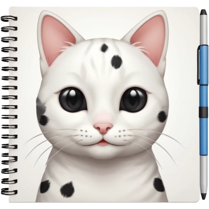 gatita blanca con manchas grandes negras en los ojos feliz en viendo una libreta con anillado emoji