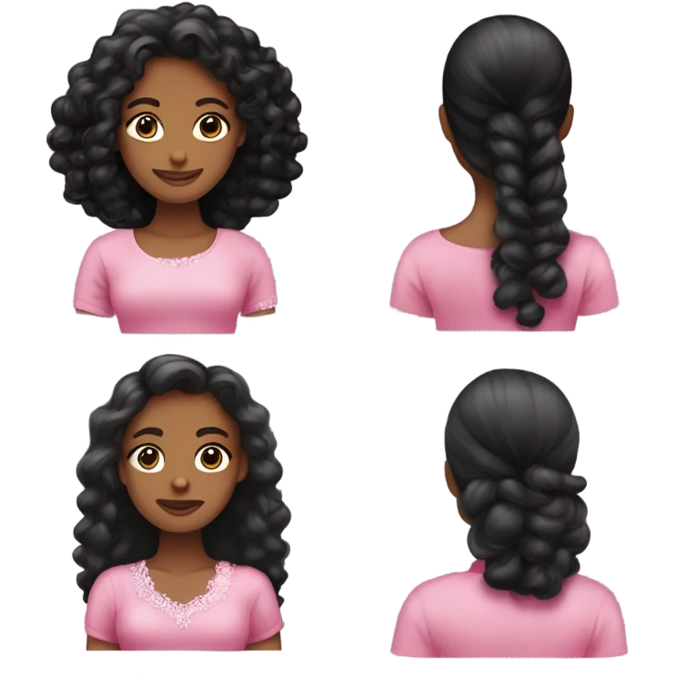 uma menina negra de cabelos enrolados e castanhos claros com um laço rosa e uma roupa elegante e rosa emoji