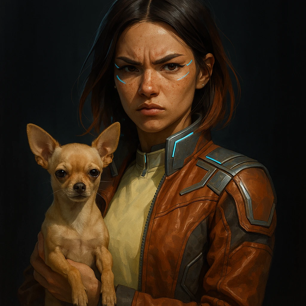 Futuristic style woman with tanned skin, freckles, rebellious expression, pale yellow shirt (#FFF8CA), rust jacket, mid-length brown hair with auburn highlights, holding a beige-brown chihuahua, dark background. emoji