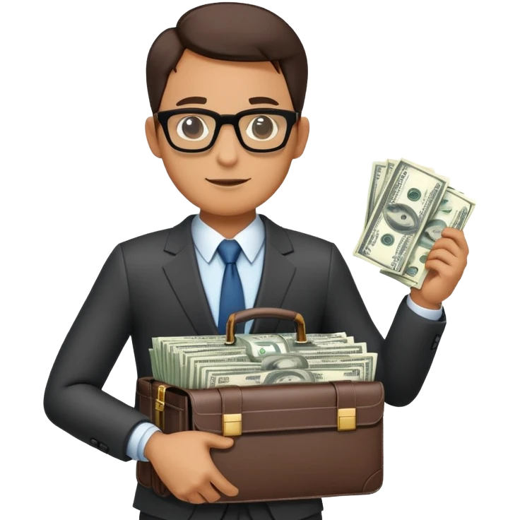 Male businessman wearing a suit and glasses holding open a briefcase showing stacks of dollar bills inside emoji