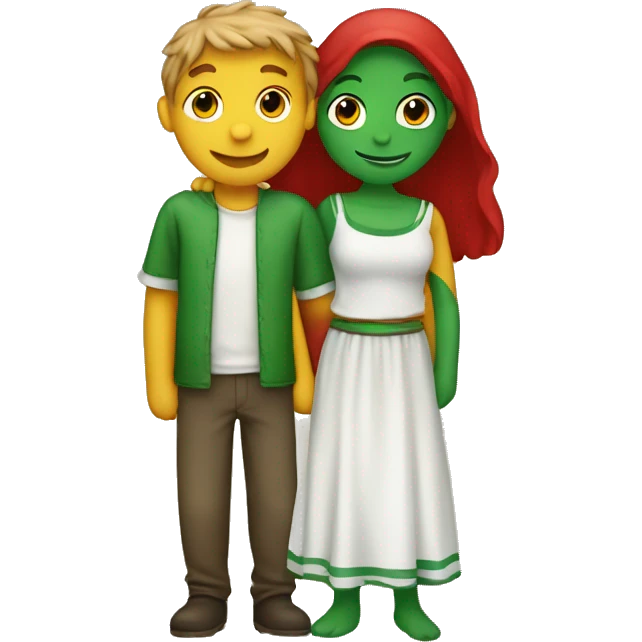 Crete an emoji a couple (one green boy, one red girl) hugging each other emoji
