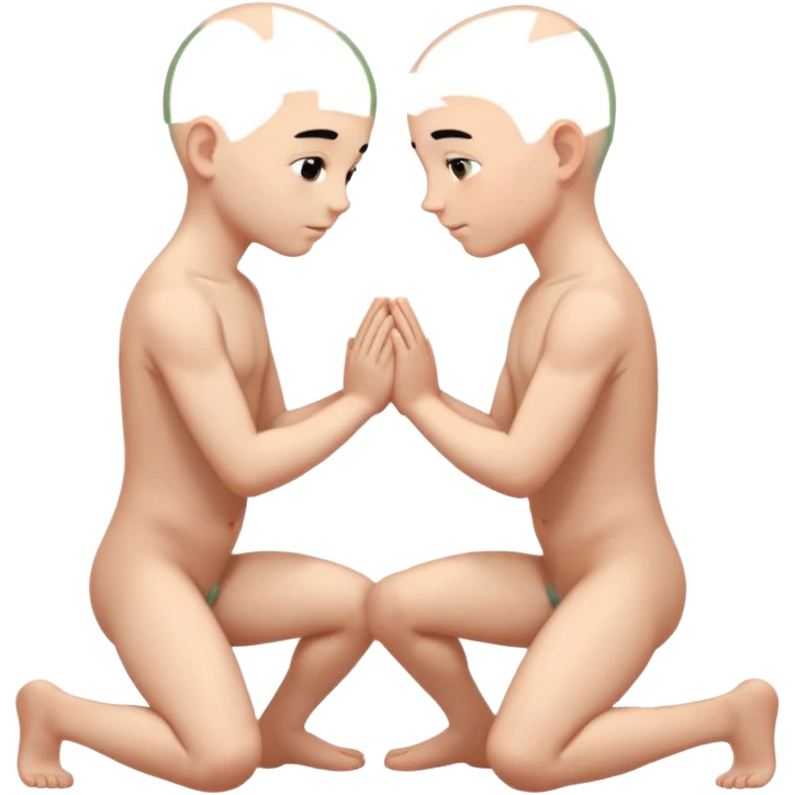 Two white boys. The first with black hair. The second bald. They are kneeling, facing each other, naked. They are holding each other's hands. emoji