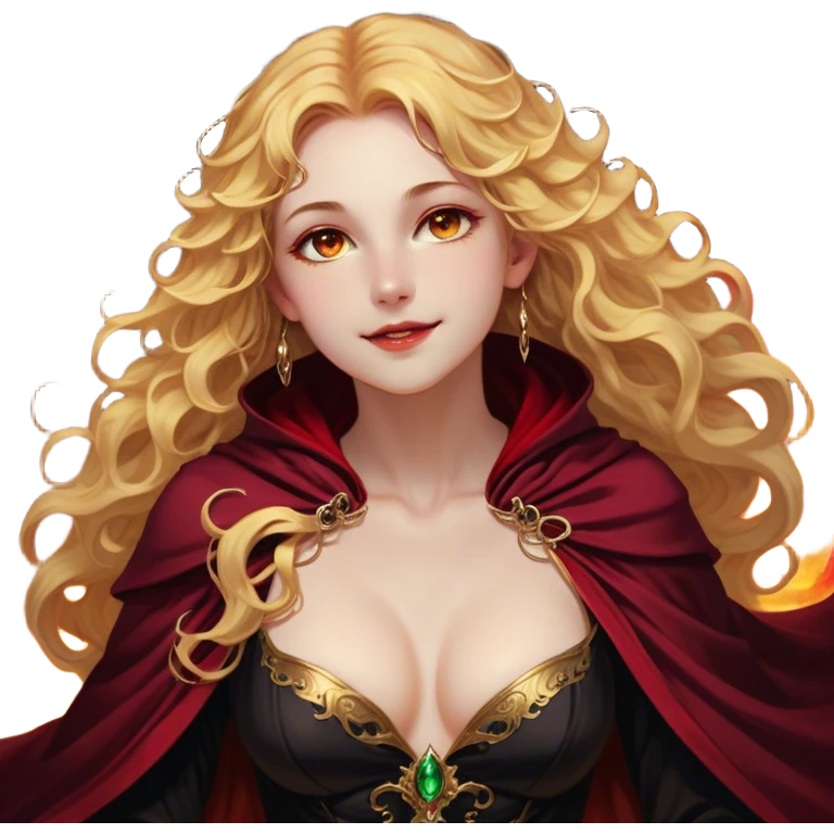 A breathtakingly beautiful female Fae with golden, wavy hair cascading down her back, her amber eyes sparkling with both warmth and untamed power. She wears a fitted black bodice paired with an opulent crimson cloak, the fabric swirling around her like liquid fire. Her lips are curved in a knowing smile, her posture both regal and effortlessly confident emoji