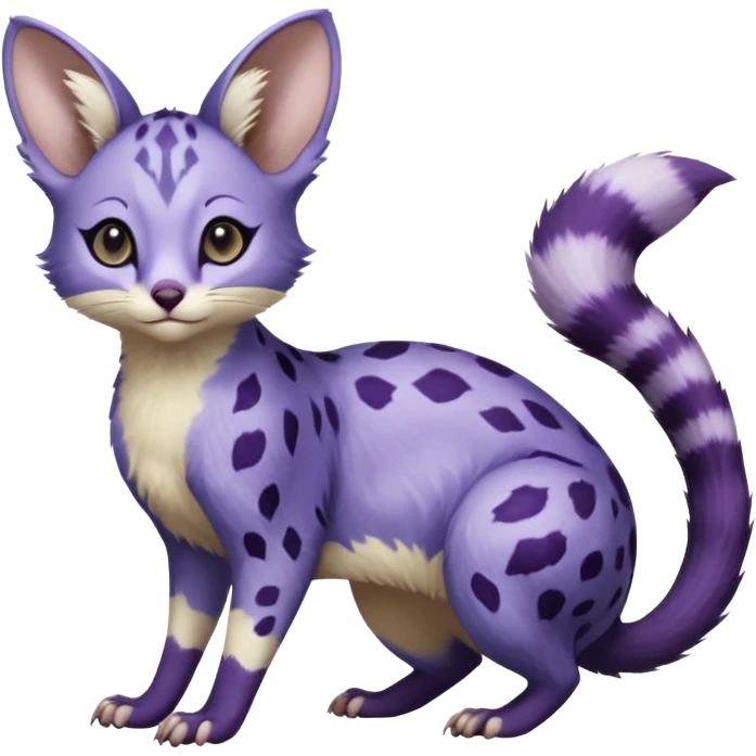 Indigo, violet-pointed, purple-patterned, soft realistic romantic vintage antique divine beautiful elegant pretty precious cute young youthful  Fakémon-Pokémon-opossum-feline-mouse-serval-caracal-chinchilla-Minccino-Cinccino-Meowstic-rodent-hybrid-creature (full body) emoji