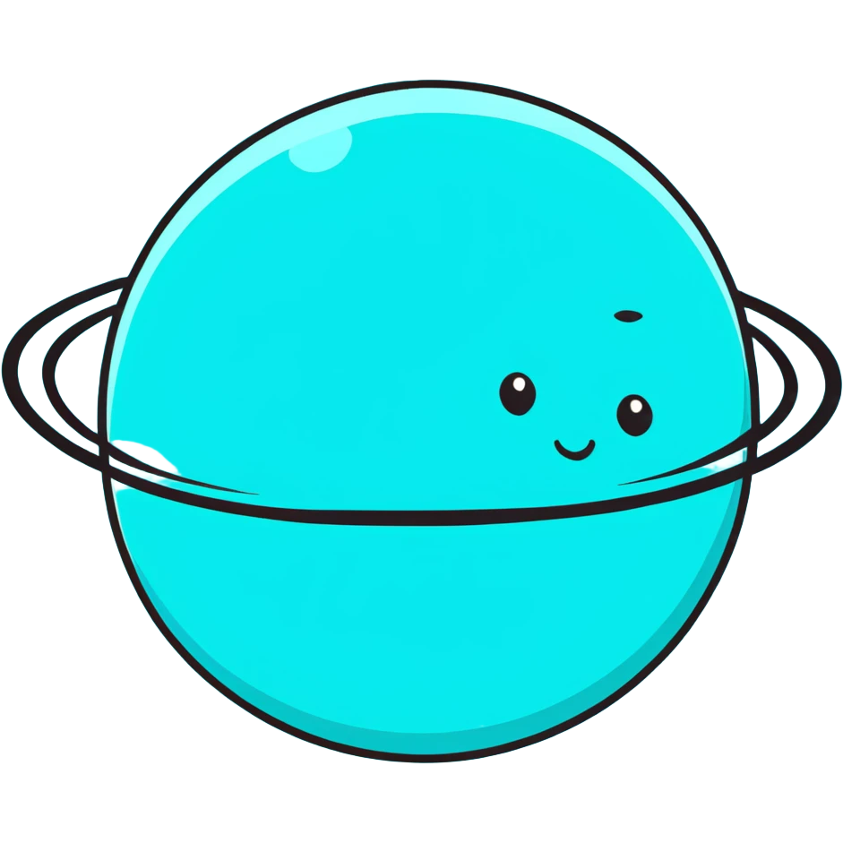 Uranus planet with pale cyan surface, tilted rings, and a friendly face emoji