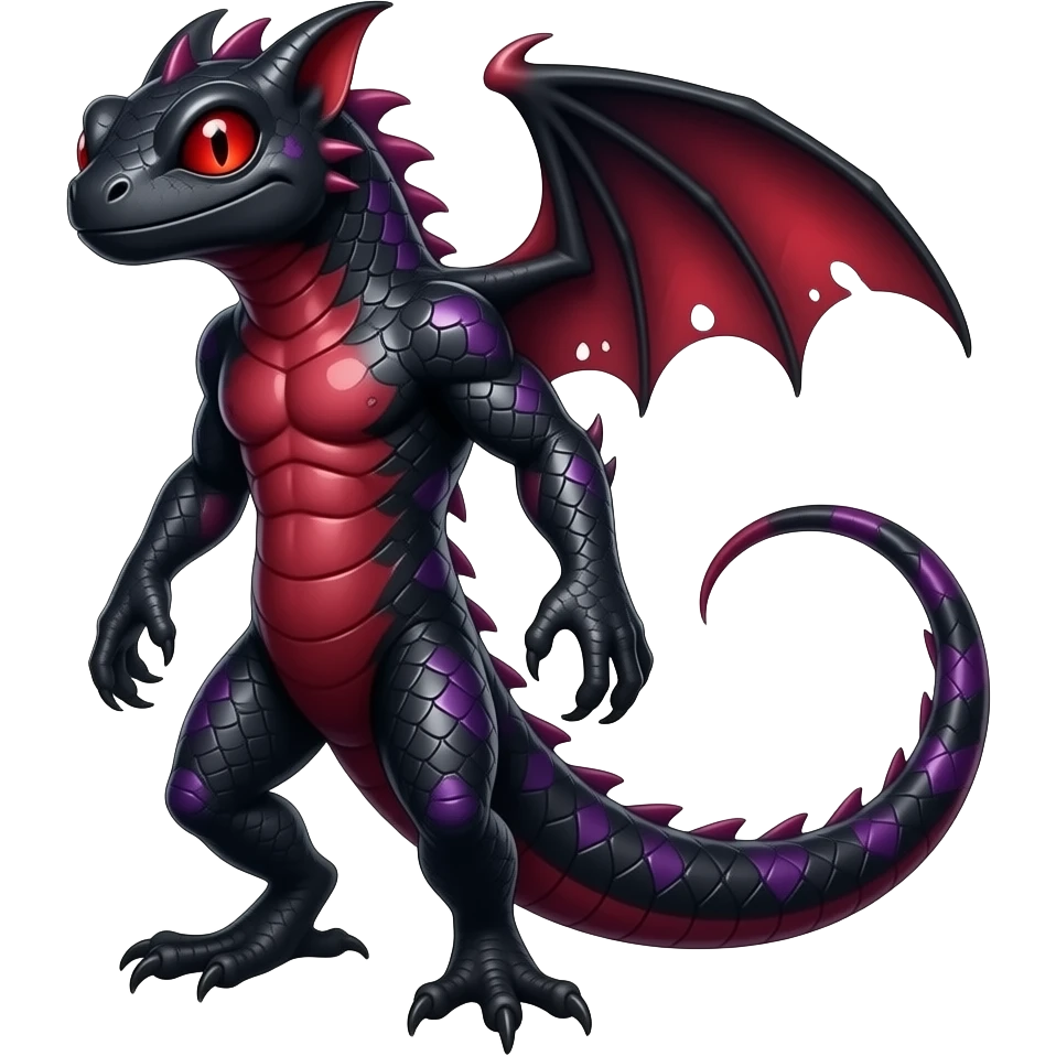 Shiny legendary epic cool anthropomorphic Obsidian-black and Ruby-red And Violet-purple lanky elegant evil badass handsome slick oily lizard-Salandit-demonic-newt-reptilian-Draco emoji