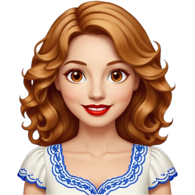 Artistic woman in her 40s with bright complexion, round face, big lively light brown eyes, wide friendly smile, vibrant red lips, voluminous wavy dark blonde hair with highlights to shoulders, white summery dress with blue embroidery and electric blue neckline emoji