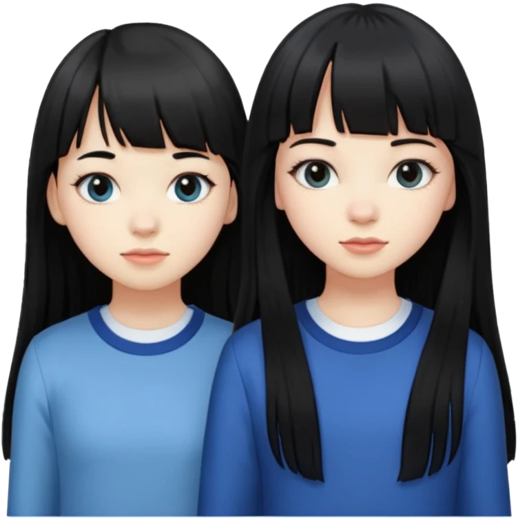 two teenage girls with long black hair, one with bangs, one with prominent lashes, standing together emoji