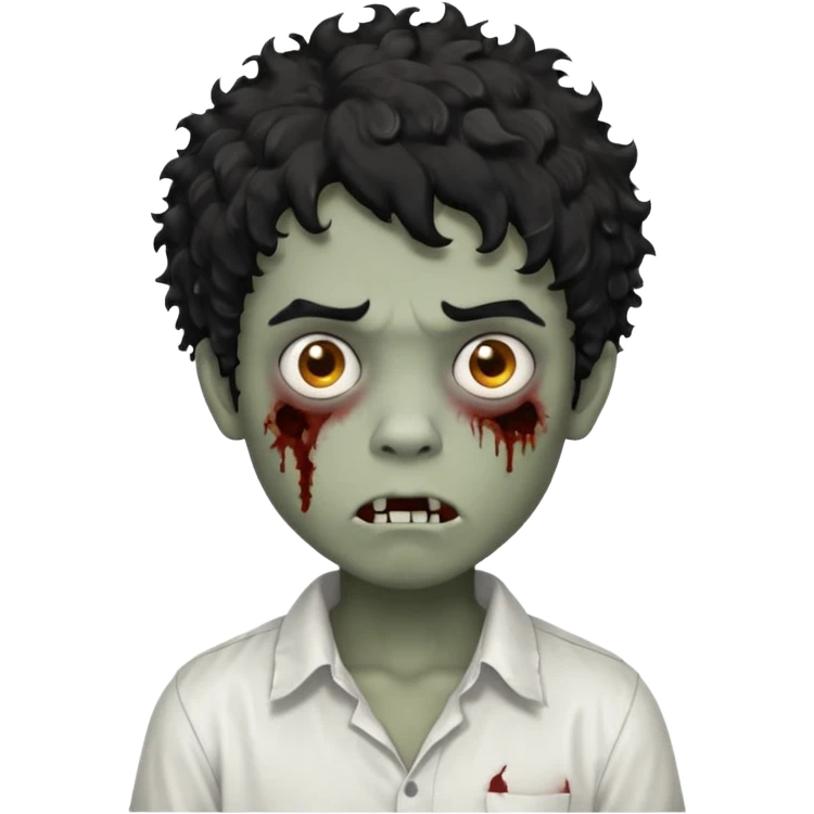 Boy, zombie, black hair, curly hair with white tips, shaggy, dark, spooky, creepy expression, white shirt emoji