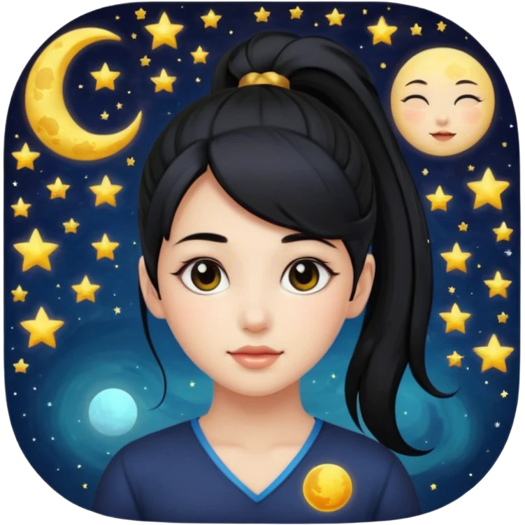 girl with black ponytail, sun, moon, star emoji