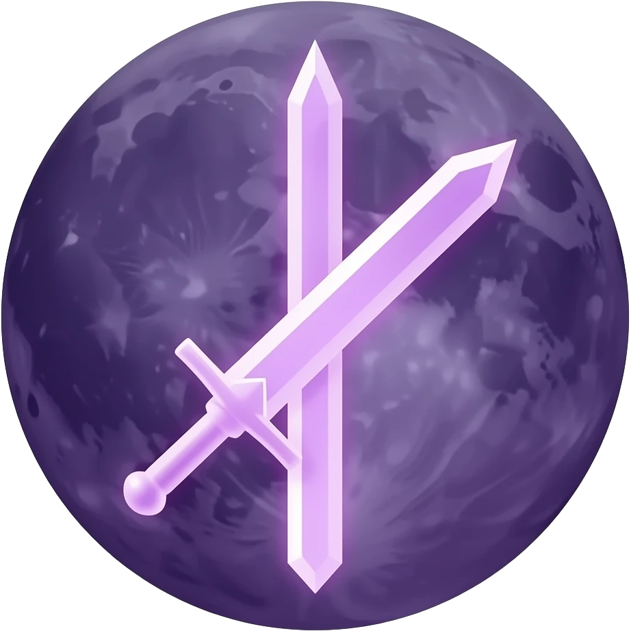 Glowing dark purple detailed crescent moon with an elegant detailed glowing transparent sword, emoji style. Soft violet and pink glow, minimal clean design, smooth edges, subtle lighting, centered, high contrast, transparent background. emoji