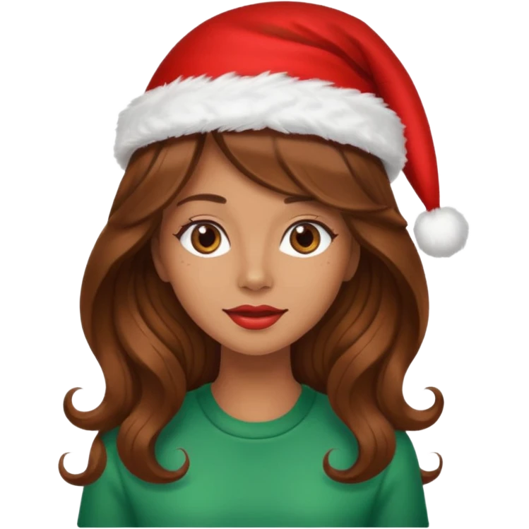 mujer peinandose en la peluqueria y con un gorro de navidad, cabello largo café y ondulado emoji