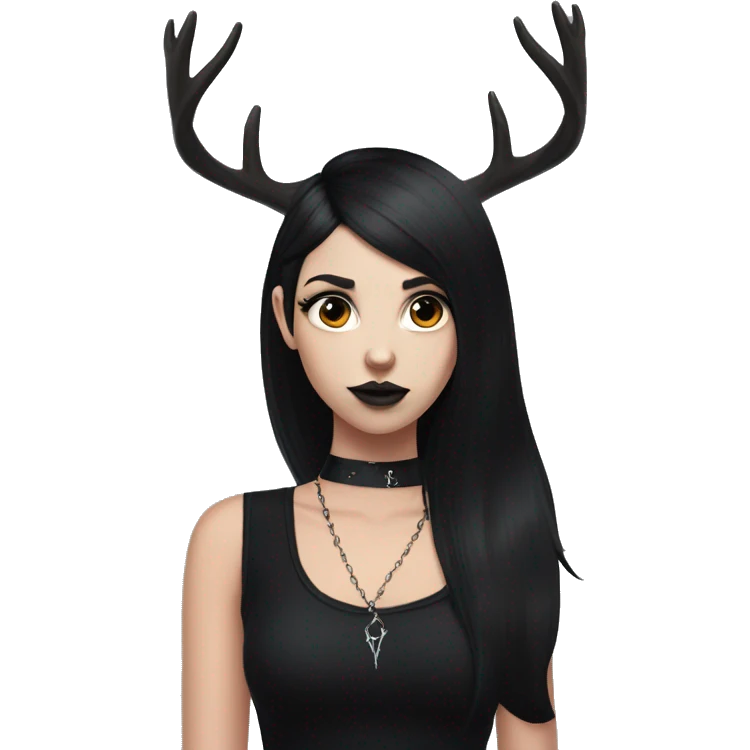 Goth deer girl with black hair in a sleeveless black dress and choker, white antlers and deer ears portrait emoji