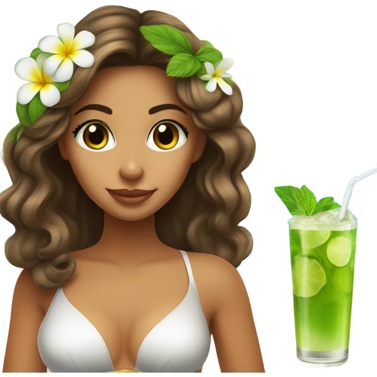 brunette tanned girl with highlights, long lashes and a flower on her hair at the beach drinking a mojito emoji