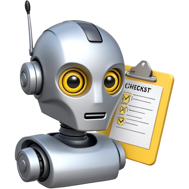 robot head, next to the head is a yellow clipboard checklist with a warning symbol on it emoji