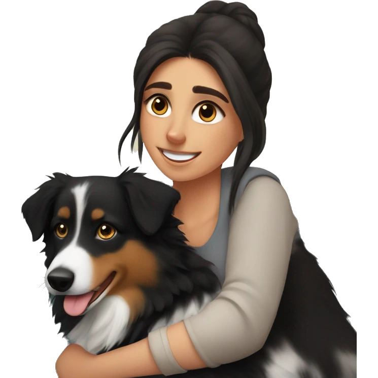 australian shepherd, black tri, cuddling on lap of a woman emoji