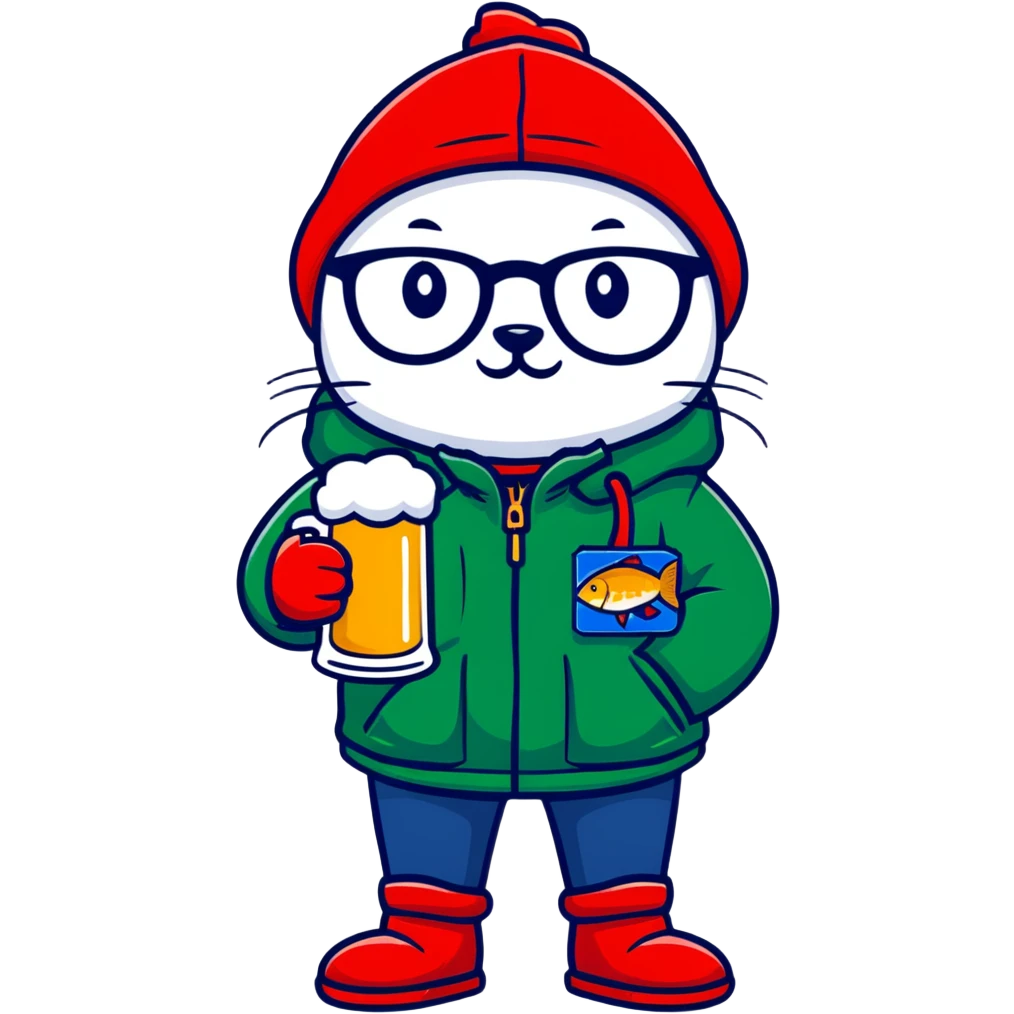 Catfish in a red winter jacket with hood, wearing round glasses, blue jeans, red boots, holding a beer can with a red label emoji